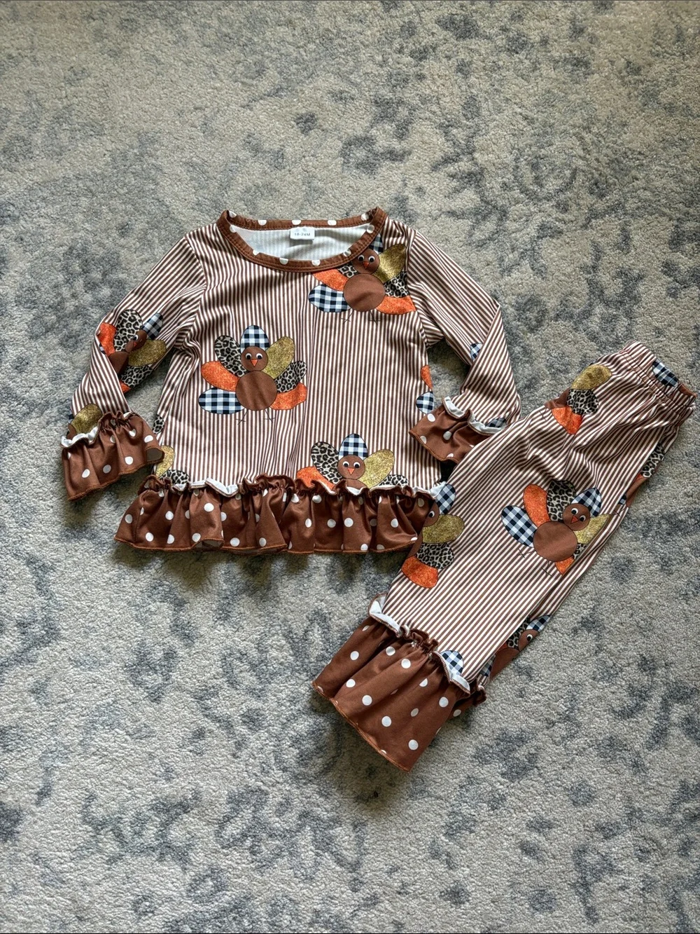 Girls Brown Turkey Print Ruffle Outfit